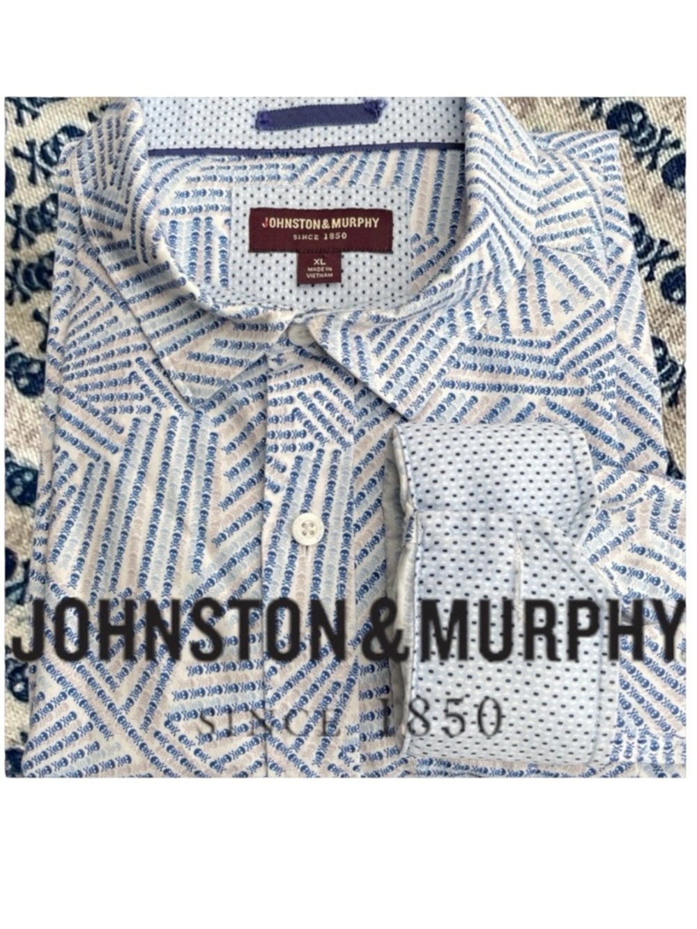 Johnston & Murphy Printed Cotton Shirt White/Blue Micro Skull Cross Bone (XL)